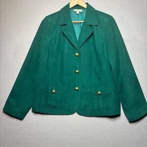 Studio Works Faux Suede Blazer Jacket 12 Emerald Green Gold Button Retro Chic